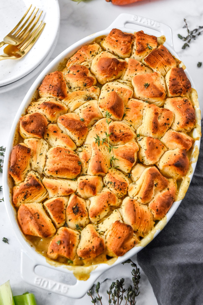 freshly baked chicken pot pie with biscuit crust.