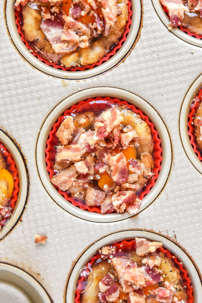 tater tot crust baked egg cup close up before baking.