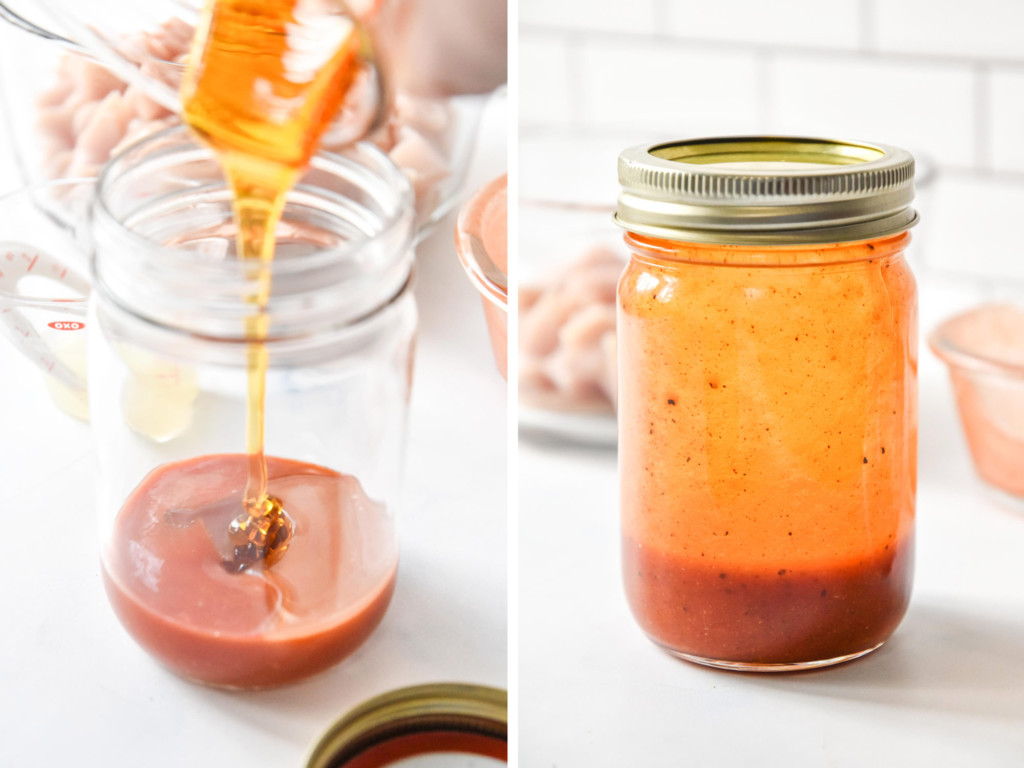 making the sauce in a mason jar for the buffalo chicken & broccoli meal prep bowls.