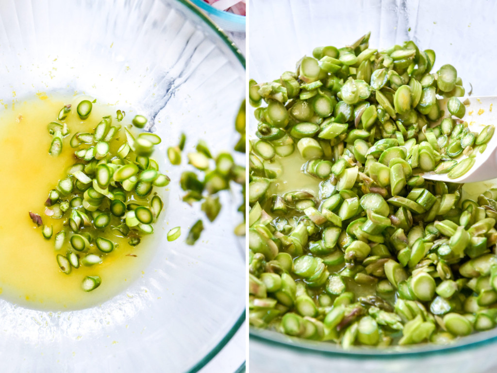 pouring cut asparagus into the bowl of lemon dressing to marinate for the salad.