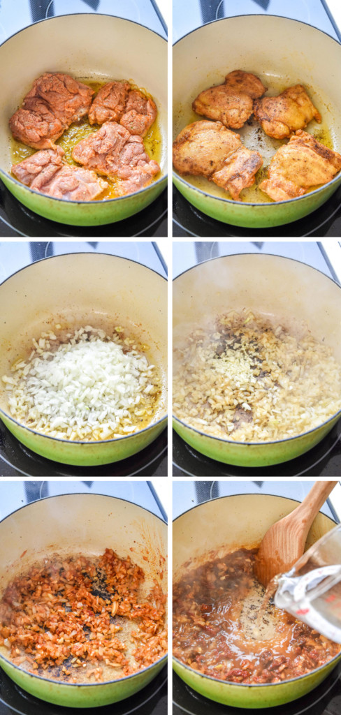 step by step of browning the chicken thighs and starting the sauce to make the creamy tuscan chicken thighs meal prep.