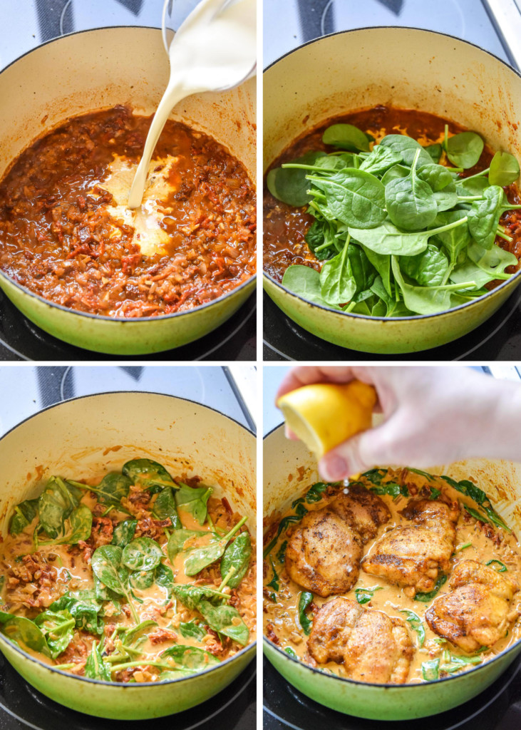 finishing the sauce by adding cream, spinach and lemon in a Dutch oven.