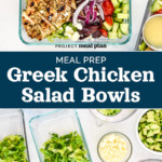 pin image with text for greek chicken meal prep bowls.