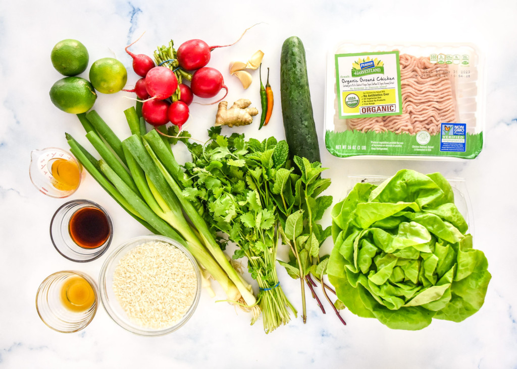 ingredients required to make the thai chicken larb inspired meal prep.