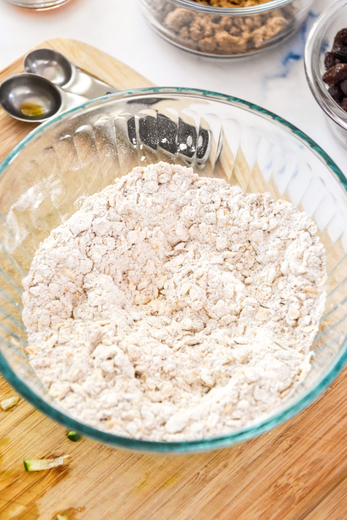 dry ingredients mixed together for the cinnamon raisin zucchini coffee cake.
