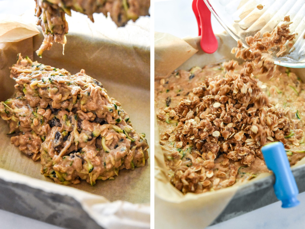 pouring batter into pan lined with parchment paper.