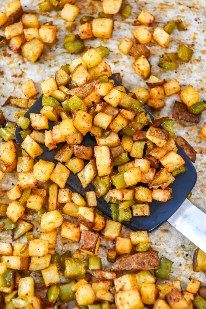 cooked potatoes and peppers for the meal prep soy chorizo breakfast burritos.