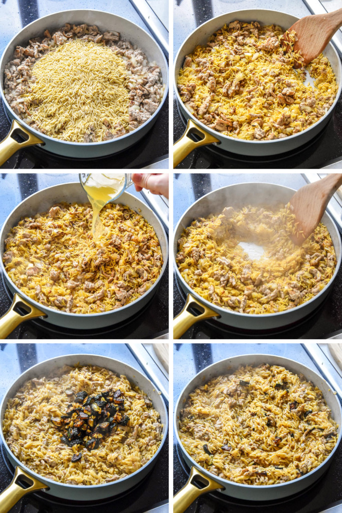 final steps of cooking the ground turkey zucchini orzotto on the stovetop.