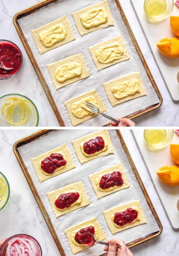 spooning the toppings on to the puff pastry on the sheet pan.