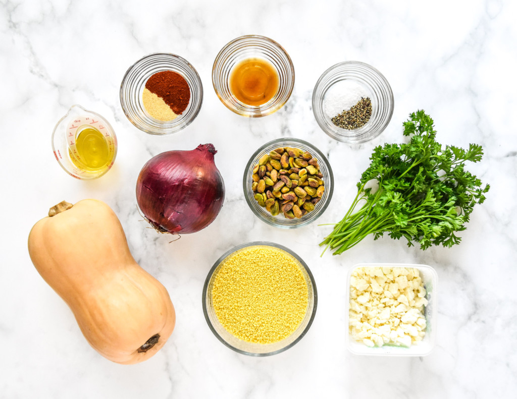 ingredients required for the roasted butternut squash couscous salad before making.