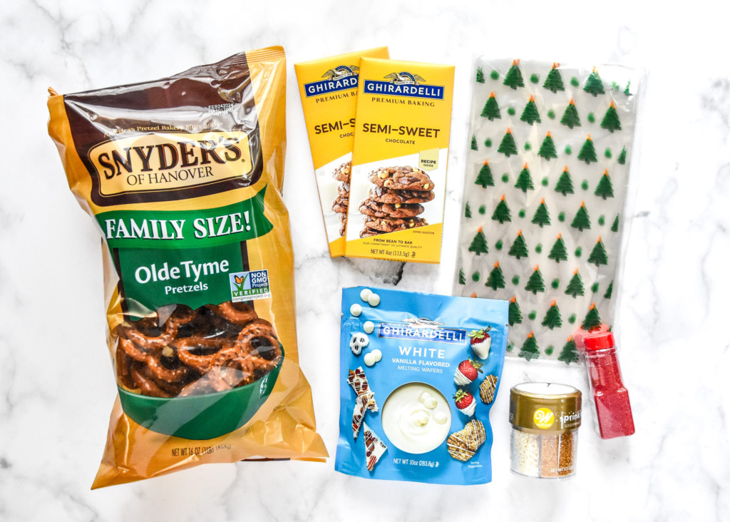 ingredients for the homemade chocolate dipped pretzels.