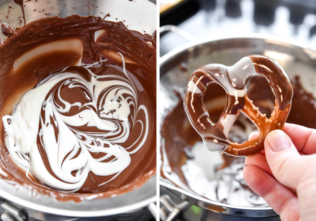 melted swirled chocolate for dipping the and a pretzel dipped in swirled chocolate.