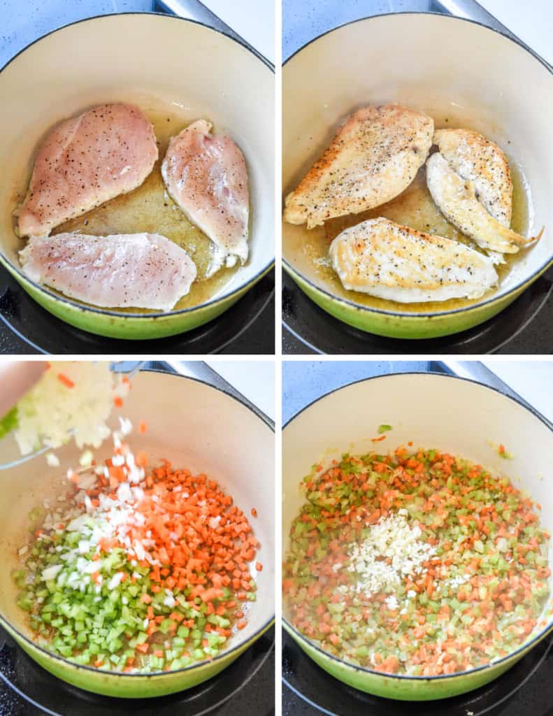 4 photo step by step of browning the chicken and cooking the vegetables for the chicken soup.