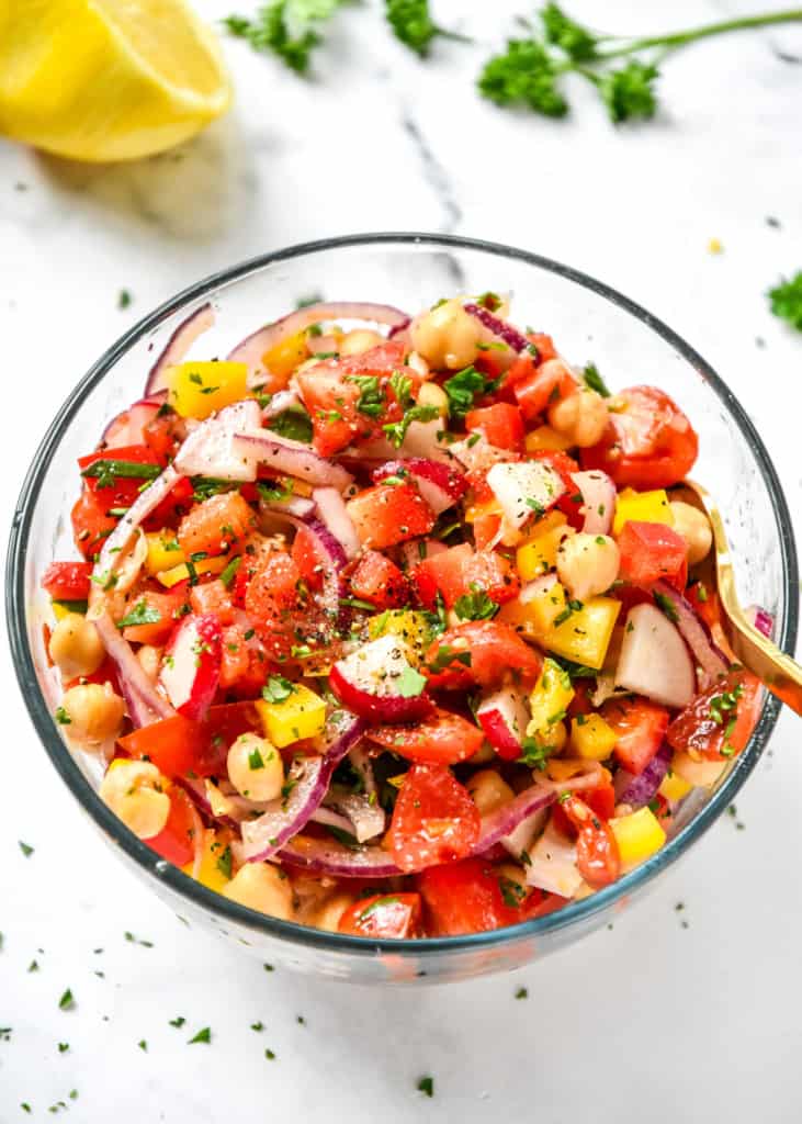 make-ahead vegan chickpea salad in a glass bowl.