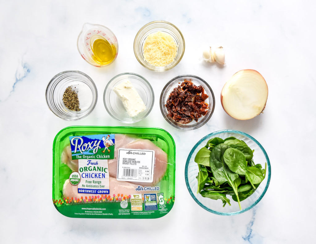 ingredients used to make the air fryer stuffed chicken breast before starting.