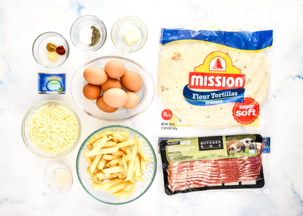 ingredients required to make breakfast burritos before starting.