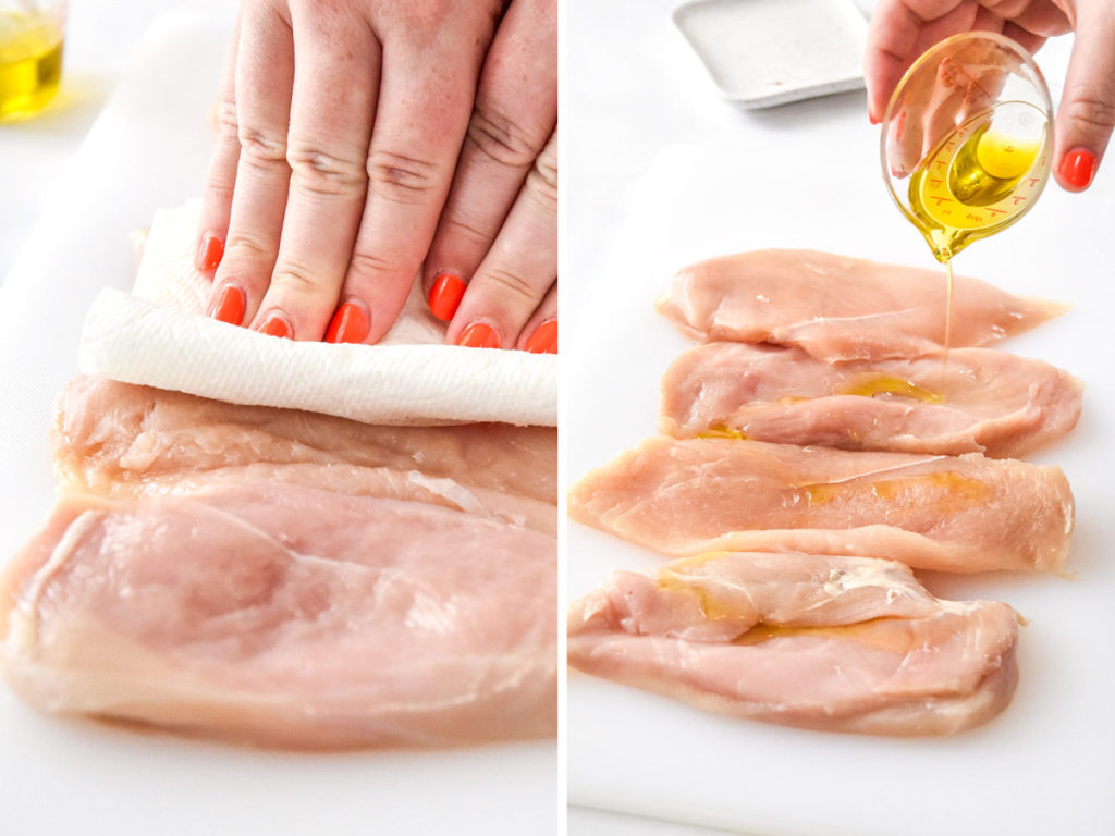 patting chicken dry and then drizzling olive oil on top.