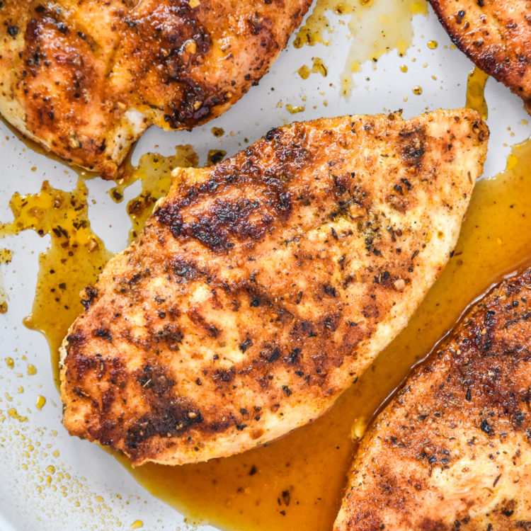 Thin Sliced Stovetop Chicken Breast just cooked in a nonstick pan.