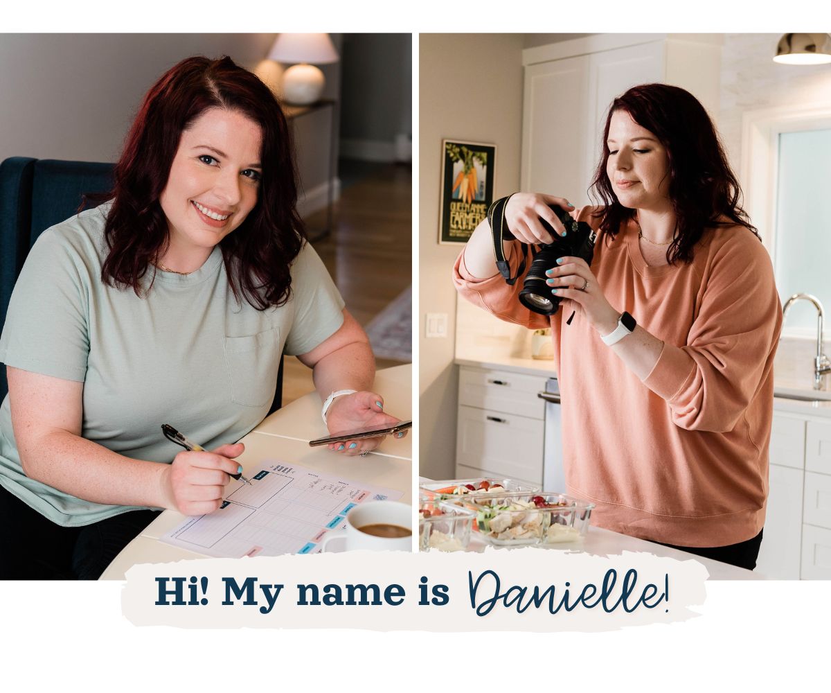collage image of woman with camera and woman with meal plan on table.