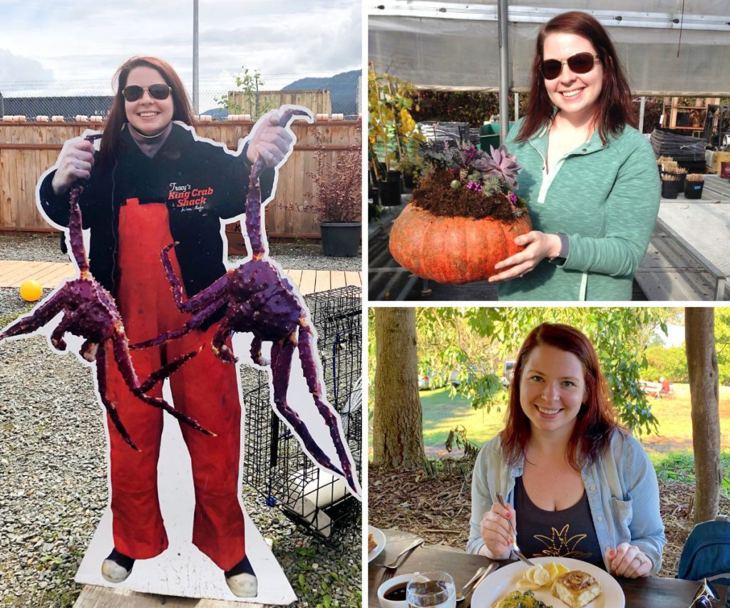 collage of pictures of a woman with brown hair in various settings.