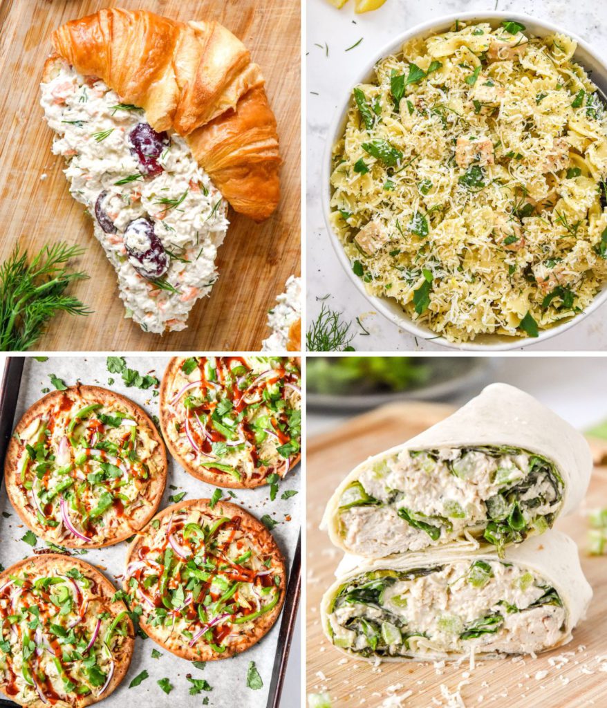 collage of recipe that can use the baked shredded chicken base recipe.