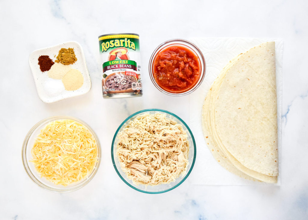 ingredients required for easy chicken bean burritos meal prep.