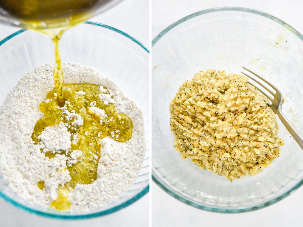 pouring wet ingredients into dry ingredients and forming a dough ball.