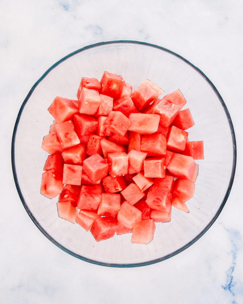 watermelon cubes in a glass bowl.