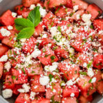 watermelon feta mint salad in a shallow serving bowl.