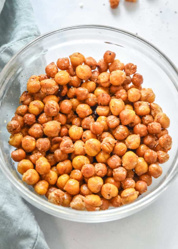 roasted chickpeas in a glass bowl.