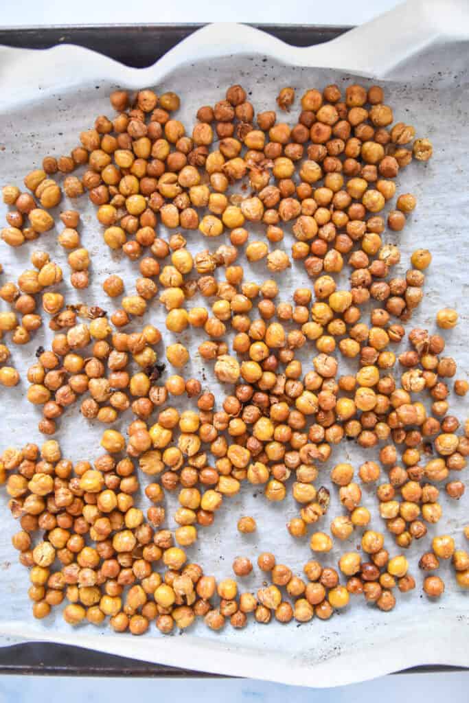roasted chickpeas on a sheet pan.