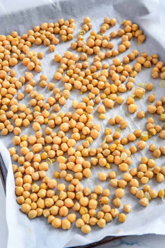 chickpeas on a sheet pan before roasting.