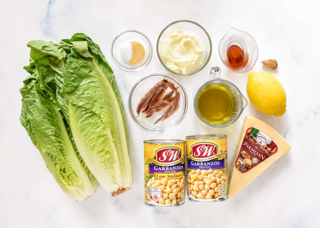 ingredients required to make the roasted chickpea caesar salad.
