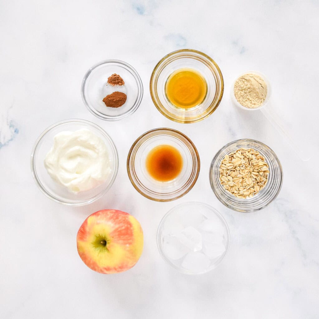 ingredients measured out for the apple pie smoothie before blending.