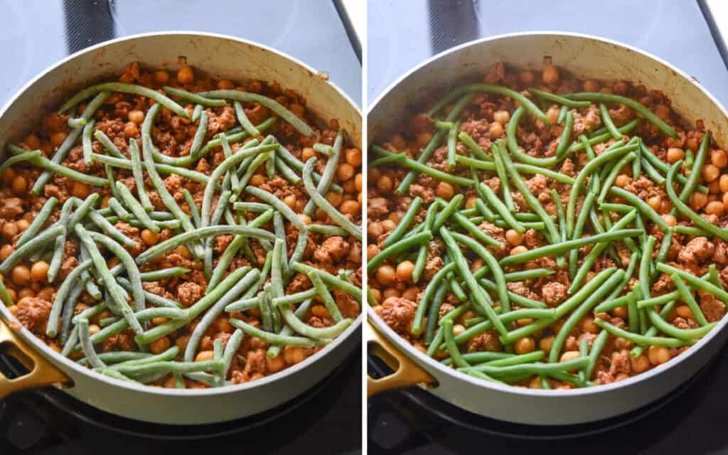 before and after adding green beans on top of the meat and beans mixture.