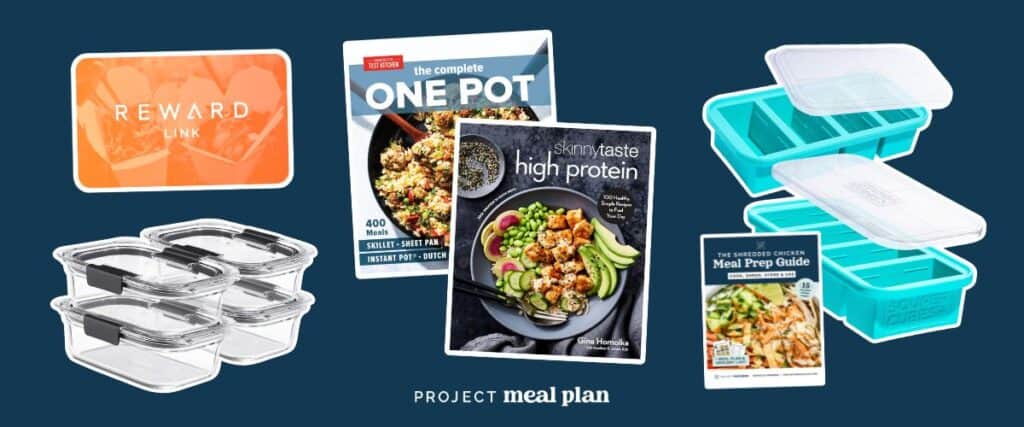 food containers and cookbooks on a blue background.