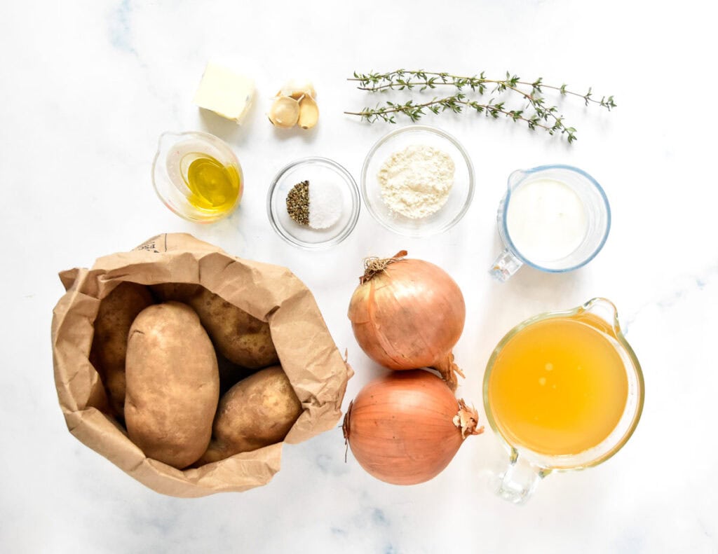 ingredients required for the creamy potato onion soup.