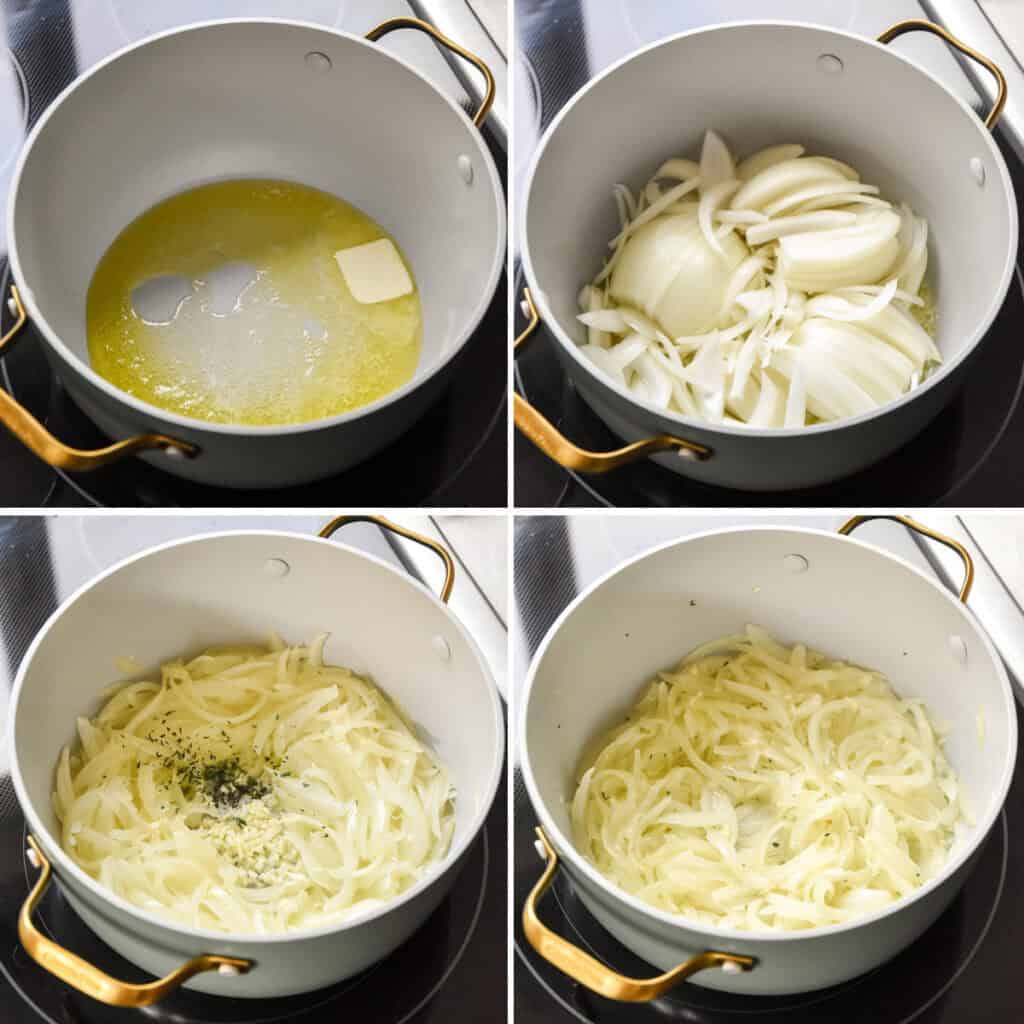 step by step of making the creamy potato onion soup, including cooking the onions in a pot.