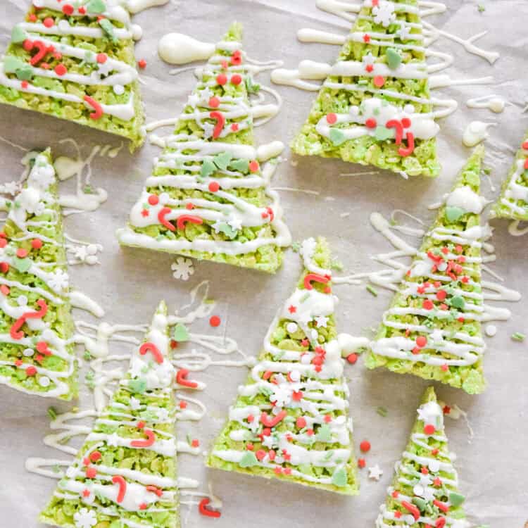 easy christmas tree rice krispies treats decorated with chocolate and sprinkles.