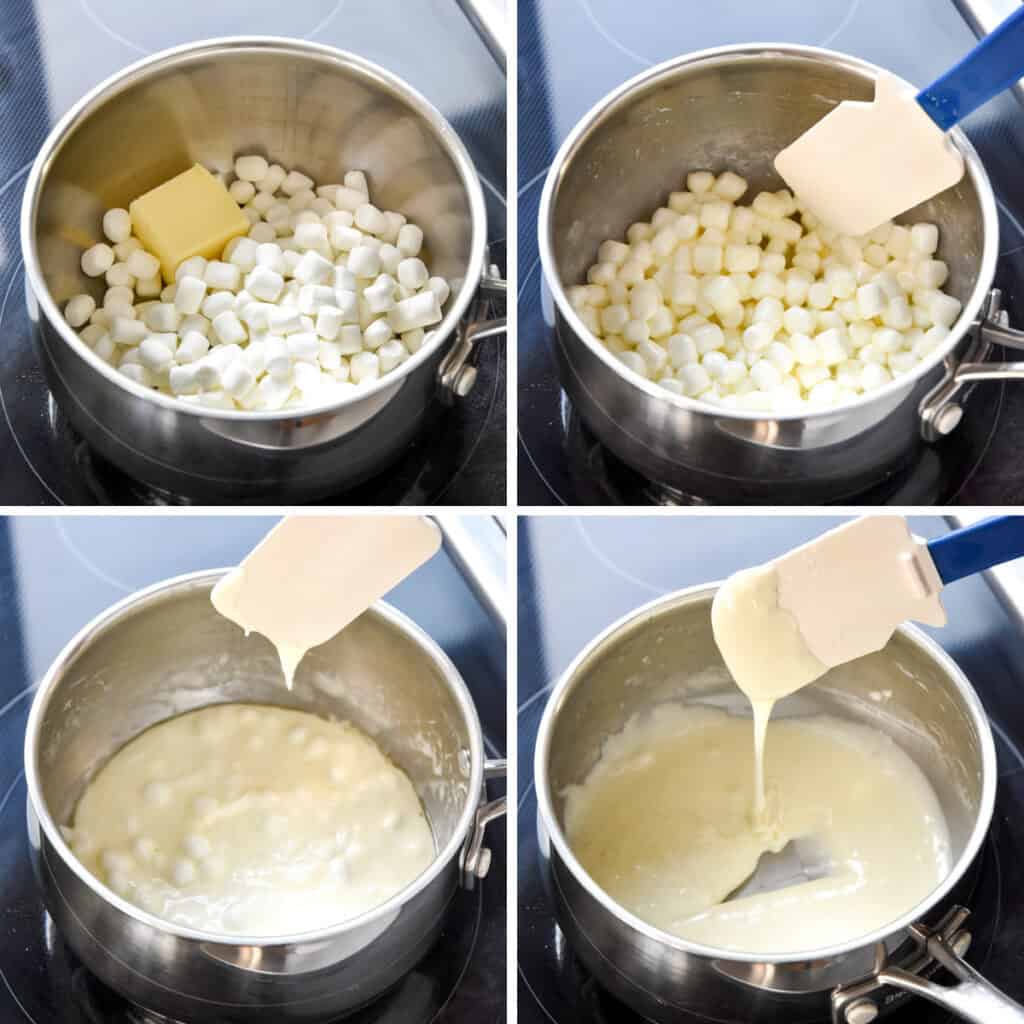 step by step of melting butter and marshmallows in a saucepan.