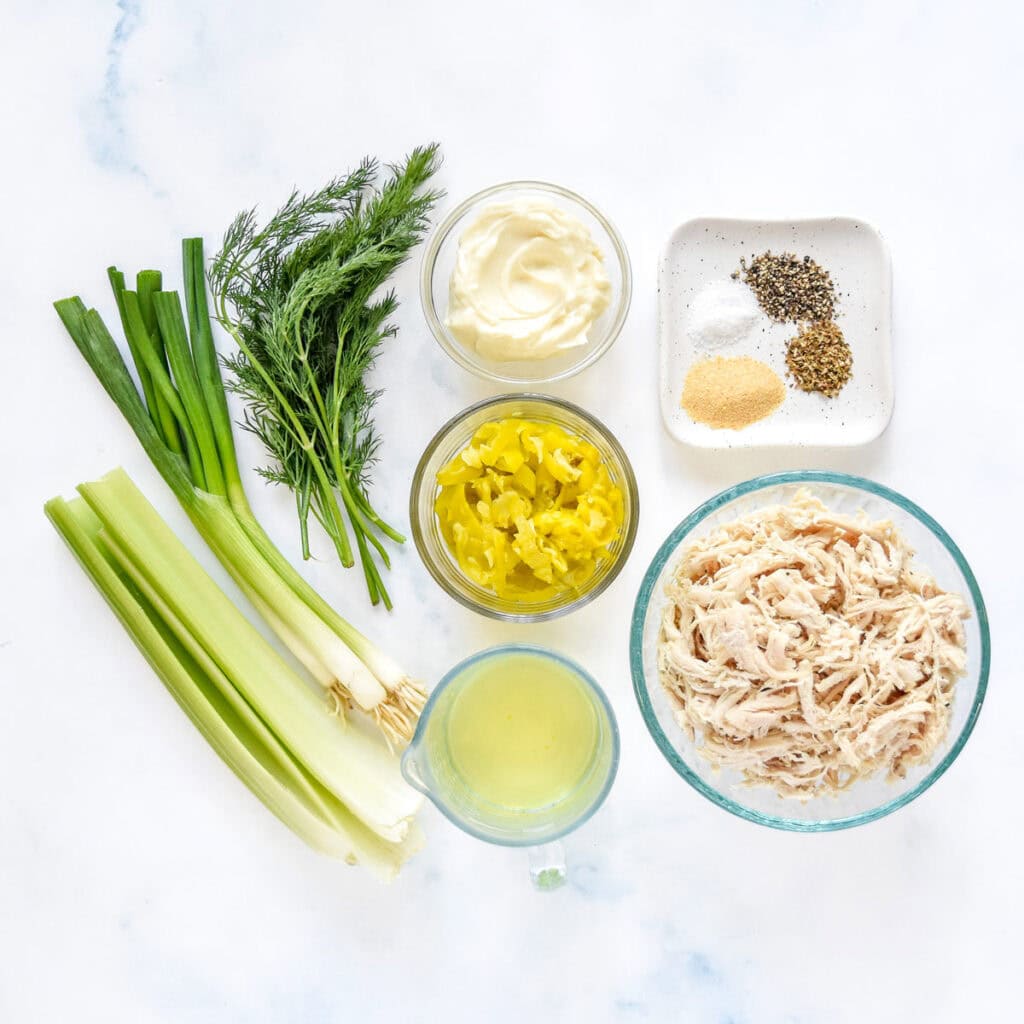 ingredients needed to make the pepperoncini chicken salad before starting.