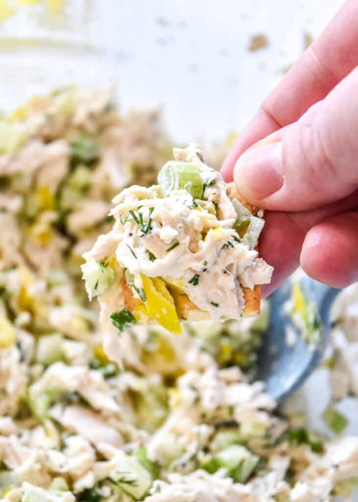 zesty pepperonicini chicken salad on a cracker.