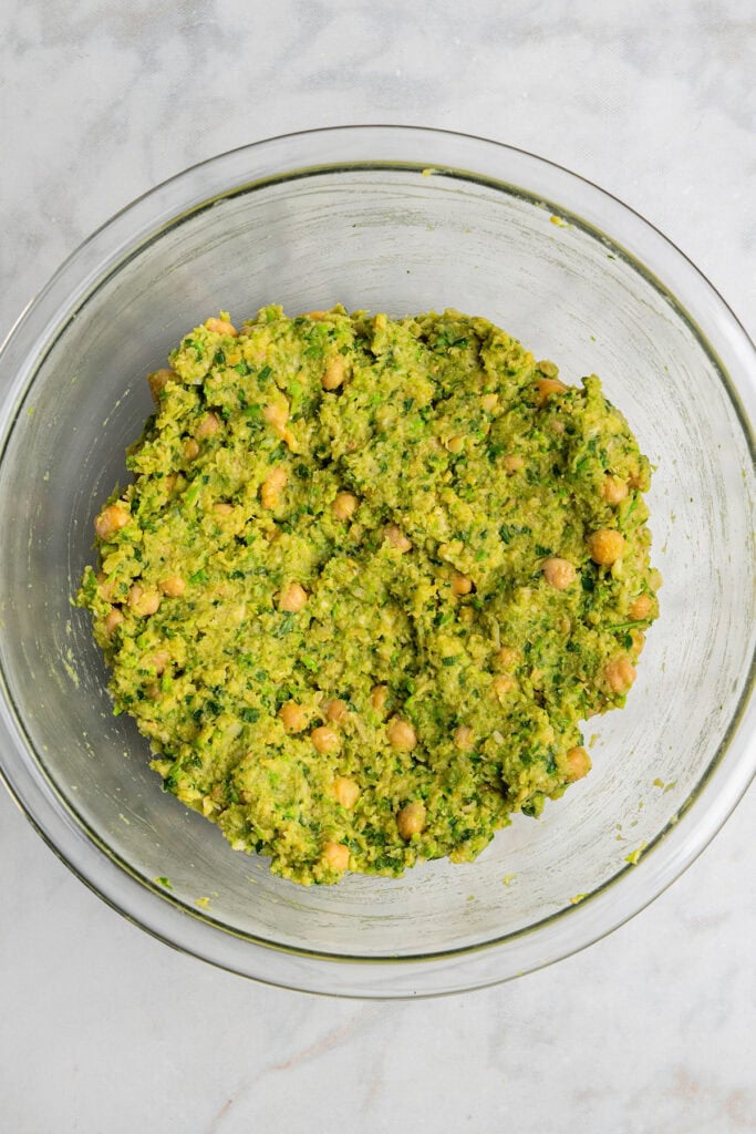 herby chickpea veggie burger mixture in the bowl before forming patties.