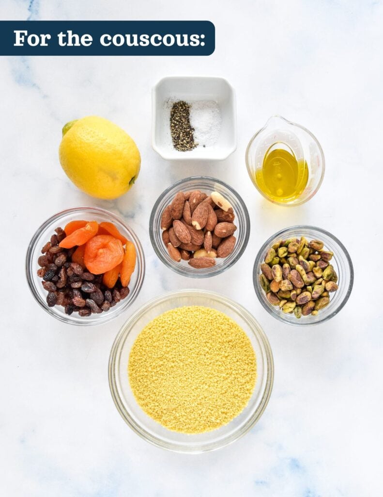 ingredients required to make dried fruit and nut couscous.